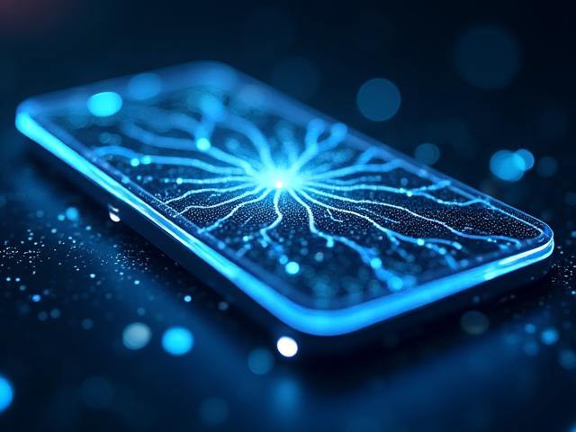 Abstrakte Darstellung eines neuronalen Netzwerks innerhalb eines Smartphones, leuchtende Verbindungen symbolisieren KI-Intelligenz.