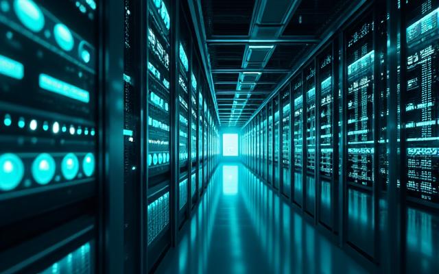 Abstrakte Darstellung von Server-Racks und Datenflüssen in einem Rechenzentrum mit leuchtenden Linien, die Konnektivität symbolisieren.