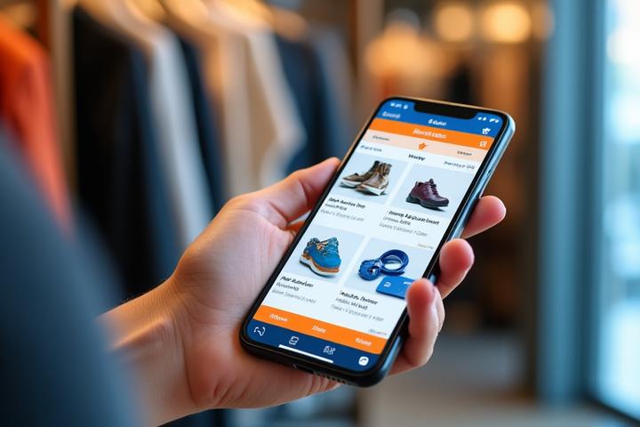 Hand hält Smartphone mit Mobile Commerce App und Einkaufswagen-Icon