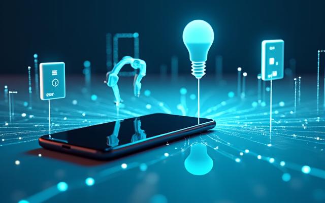 Illustration eines Smartphones, das drahtlos eine Smart Home Glühbirne, einen Industriesensor und eine medizinische Uhr steuert, verbunden durch animierte Linien.