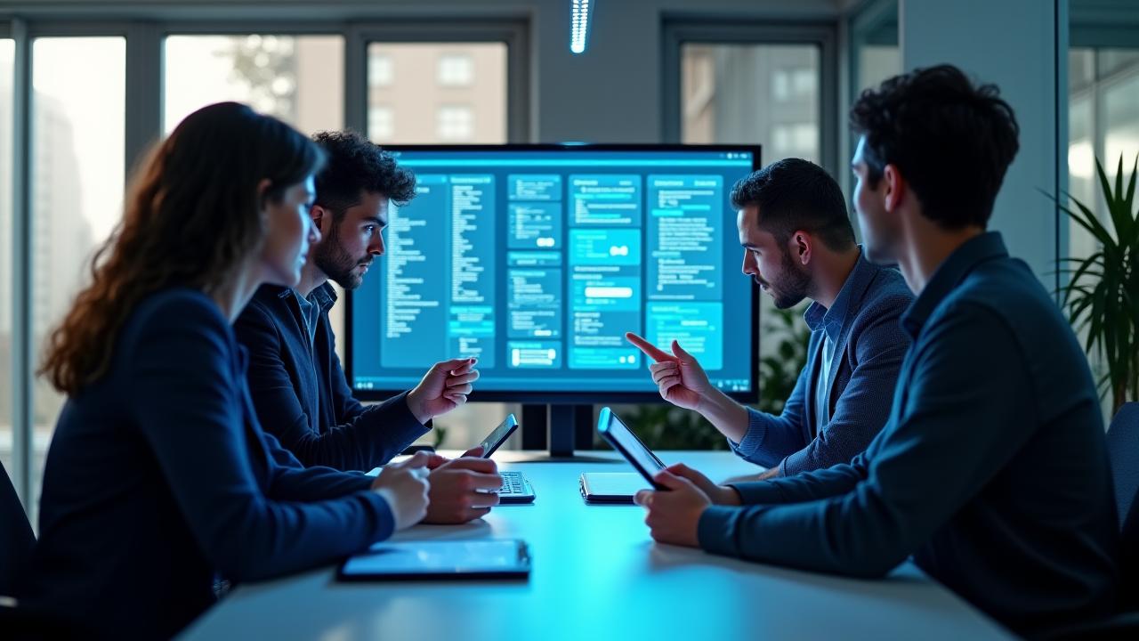 Team von Fusionacademy Designs Ltd bespricht ein mobiles App-Projekt in einem modernen Büro in London