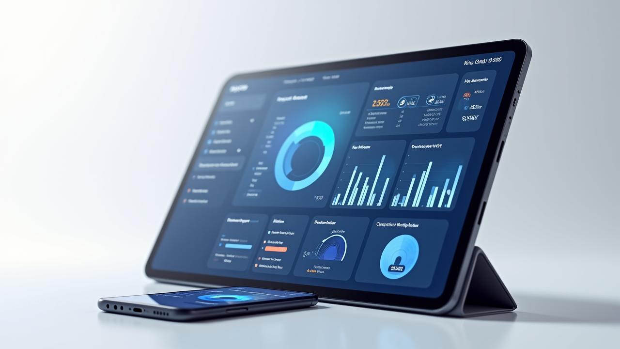 Mockup einer komplexen Business-App auf einem Smartphone und Tablet, die Geschäftsprozesse visualisiert