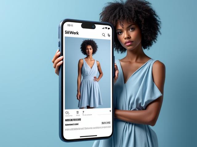 Smartphone mit der StilWerk Fashion-App mit einem Model, das ein Kleidungsstück trägt
