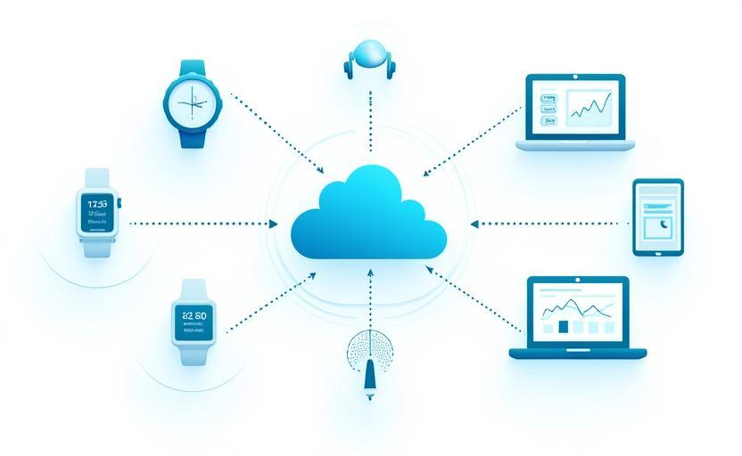 Infografik, die den bidirektionalen Datenfluss zwischen einer Smartwatch und einem Smartphone darstellt, mit Pfeilen, die den Austausch von Gesundheitsdaten wie Herzfrequenz und Schritten symbolisieren.