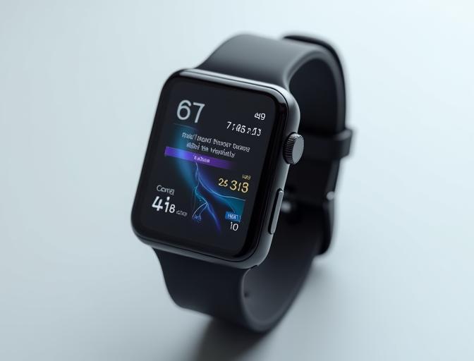 Hochwertiges Mockup einer Smartwatch auf einem stilvollen Hintergrund, die eine ansprechende App-Oberfläche mit Gesundheitsdaten anzeigt.